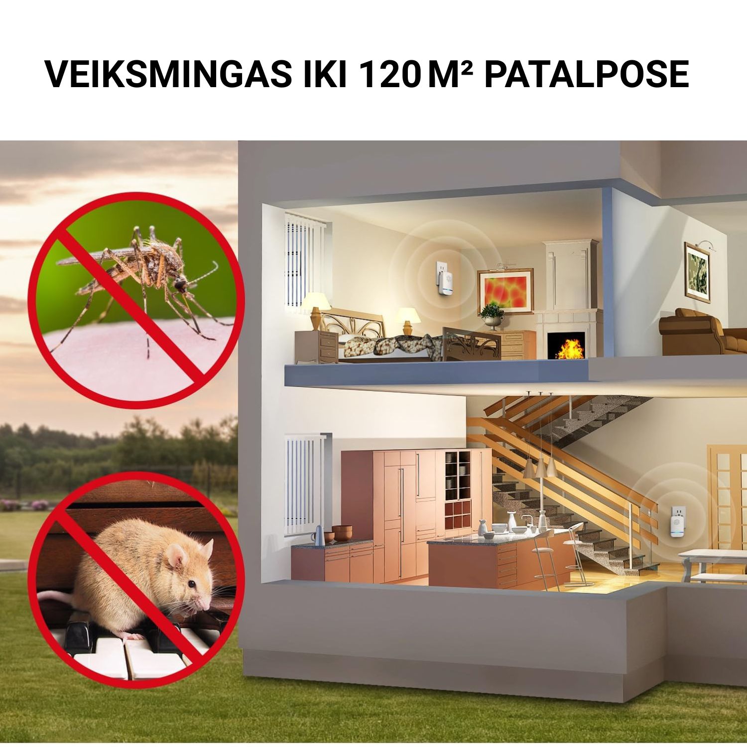 Uodams ir skruzdėlėms skirtas ultragarsinis atbaidymo įrenginys kambario aplinkoje